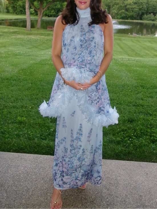 Elliatt Dresses & Skirts - Elliatt Pale Blue and Lilac Floral Halter Maxi Dress with Feather Trim